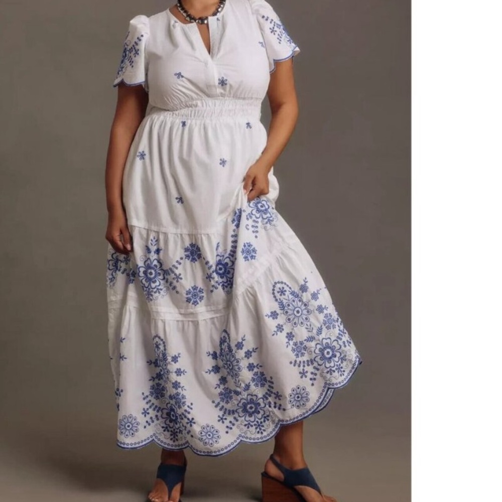 Anthropologie 2X Somerset Maxi Dress: White & Blue Eyelet Edition NWT